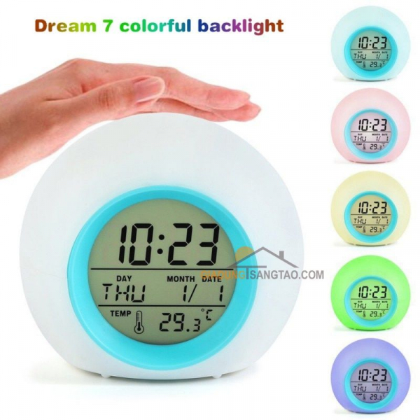 Đồng hồ báo thức, đo nhiệt độ đèn LED đổi 7 màu